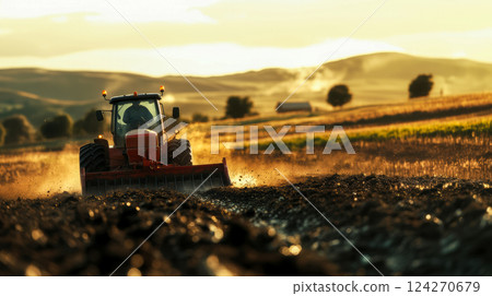 works in a field on a farm, tractor driver plowing a field among hills bright spring sunrise in a beautiful countryside, concept symbolizes balance between human industry and sustainability of nature 124270679