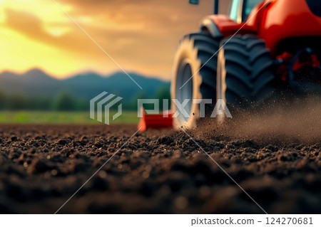 close-up on tractor plowing a field at dawn, dust rising from tractor wheels and plow, modern technology improves farm productivity, copy space about the concept of eco-friendly farming 124270681