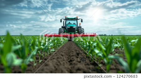 Agricultural mechanization, a large farm tractor tills the land, mechanization increases farm efficiency, reduces labor costs and increases yields, modern equipment with traditional farming methods 124270683