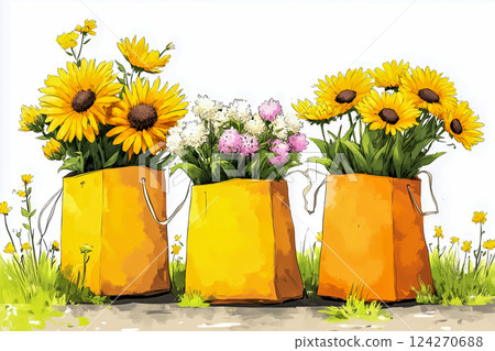 Bright paper bags filled with summer flowers, cheerful spring vibe, eco gift idea bringing warmth and seasonal charm to environment , nature-inspired aesthetics seasonal shopping and sales Bright paper bags filled with summer flowers, cheerful spring vibe, eco gift idea bringing warmth and seasonal charm to environment , nature-inspired aesthetics seasonal shopping and sales 124270688