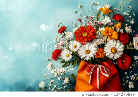 bouquet of spring flowers in paper bag replaces plastic, choosing eco-conscious shopping, reducing waste, improving everyday life stylish, biodegradable reusable packaging alternatives seasonal sales 124270689