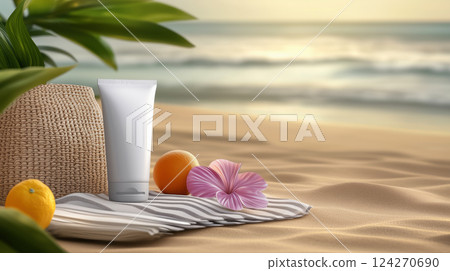 Tube of sunscreen on beach towel, next to straw hat and ripe citrus fruits, copy space about concept of summer beach holidays and sun protection, skin care and essential things for traveling tropics 124270690