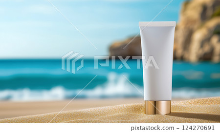 Summer skin care and beauty concept, tube of sunscreen on deserted sandy beach with beautiful bay background, skin care and UV protection, copy space for advert about healthy and beautiful tanned skin 124270691