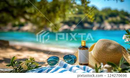 Straw hat, sunglasses and tube of sunscreen for skin protection, concept of perfect summer aesthetic with carefree vacation and accessories for seaside vacation, caring skin protection health care Straw hat, sunglasses and tube of sunscreen for skin protection, concept of perfect summer aesthetic with carefree vacation and accessories for seaside vacation, caring skin protection health care 124270696