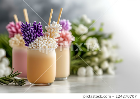 Creative desserts and natural flavors of handmade ice cream, delicate floral flavors and innovative trends in desserts, natural ice cream and the beauty of flowers in summer desserts 124270707