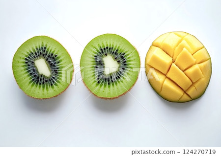 Two sliced kiwis and a cubed mango resting on white background 124270719
