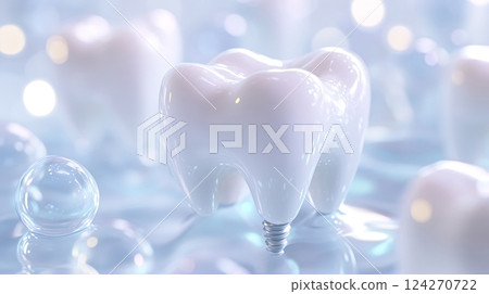 White tooth implant is standing on light blue background with bubbles 124270722
