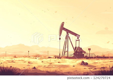 Pump jack extracting crude oil in the desert at sunset 124270724