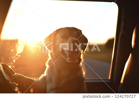 Happy dog enjoying sunset road trip from car window 124270727