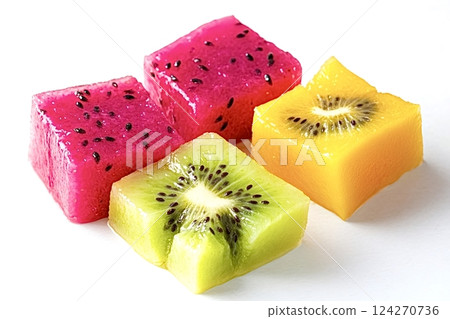 Sliced exotic fruits showing juicy colorful flesh 124270736