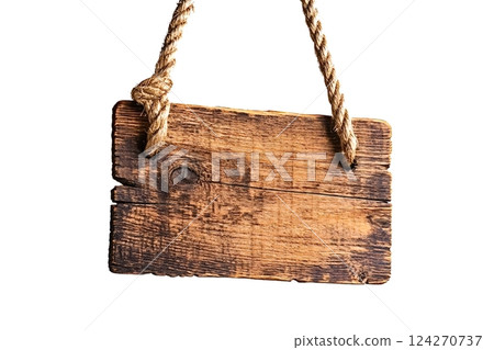 Old wooden sign hanging from rope on white background Old wooden sign hanging from rope on white background 124270737