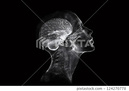 Human brain glowing inside transparent head representing consciousness Human brain glowing inside transparent head representing consciousness 124270778