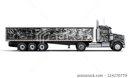 Black semi-truck with artistic white design transporting goods on a white back 124270779