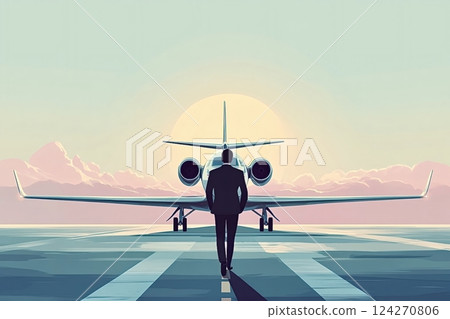 Businessman walking towards private jet at sunrise 124270806