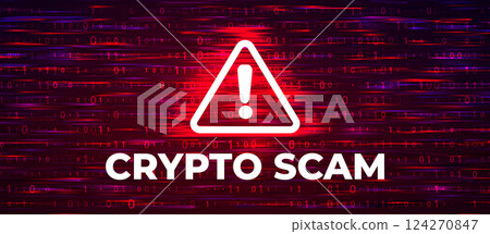 Crypto scam warning symbol on digital binary code background. Cybersecurity and fraud prevention concept for design 124270847