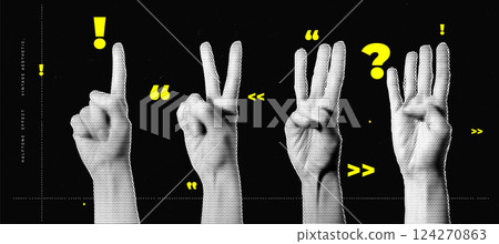 Halftone Effect Illustration of Four Hands Showing Different Finger Gestures in Vintage Pop Art Style Halftone Effect Illustration of Four Hands Showing Different Finger Gestures in Vintage Pop Art Style 124270863