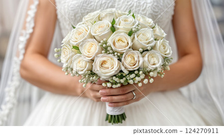 A bride in a wedding gown holds a lovely bouquet of white roses 124270911