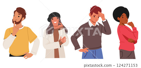 Young people diverse cartoon character thinking feeling ambivalent mixed emotions isolated set 124271153