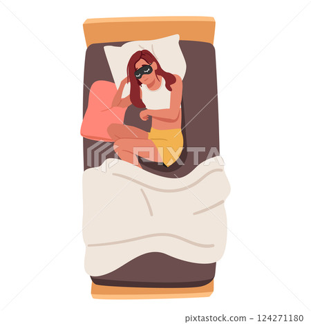 Pretty teenage girl cartoon character wearing pajamas and sleeping mask in bed top view scene 124271180