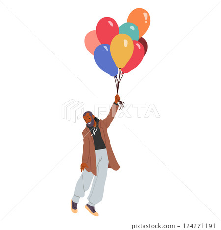 Trendy fashion hipster guy cartoon character flying with bunch of helium balloons isolated on white Trendy fashion hipster guy cartoon character flying with bunch of helium balloons isolated on white 124271191