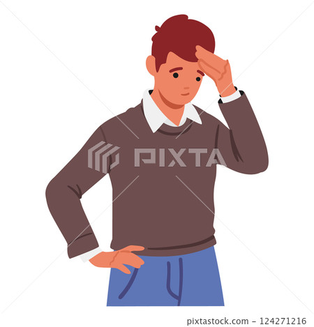 Teenage guy student cartoon character thinking feeling confused and puzzled isolated on white Teenage guy student cartoon character thinking feeling confused and puzzled isolated on white 124271216