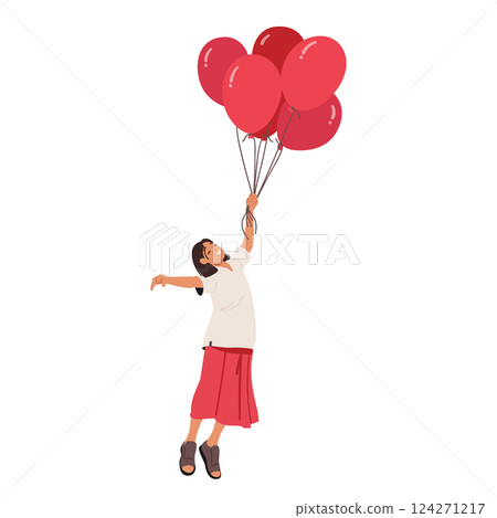 Cute preteen girl cartoon character flying with bunch of red festive helium balloons in hands 124271217