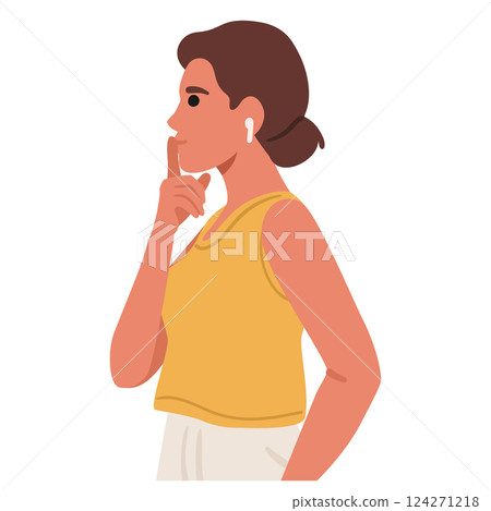 Young woman cartoon character wearing earbuds listening audio message thinking and making solution 124271218