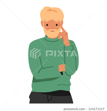 Worried adult man cartoon character looking thoughtful brainstorming about difficulties in his life Worried adult man cartoon character looking thoughtful brainstorming about difficulties in his life 124271227