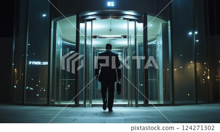 businessman with briefcase exiting doors of business center 124271302