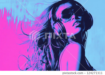 girl in headphones, artistic duotone illustration 124271311