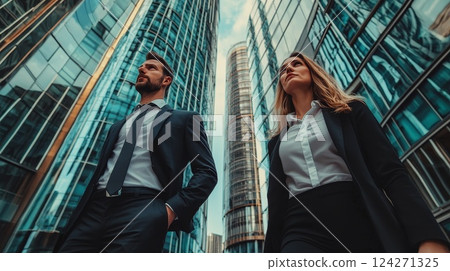 A businessman and a woman are walking in the courtyard of a modern business center 124271325