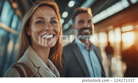 Smiling businessmen meet in the morning near the business center 124271337