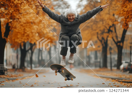 Acrobatic cute happy and smiling funny granny jumping with the skateboard 124271344