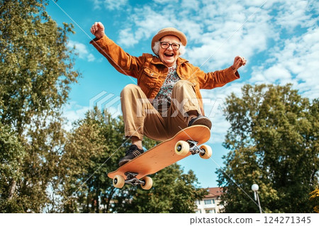 Acrobatic cute happy and smiling funny granny jumping with the skateboard 124271345