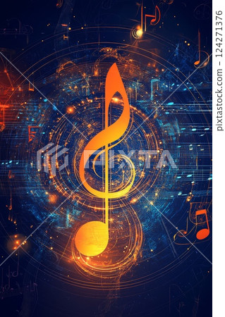 glowing orange music symbols on blue gradient background, poster glowing orange music symbols on blue gradient background, poster 124271376