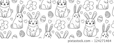 Easter pattern with doodle funny rabbit. Hand drawn trendy linear eggs and cute character. Spring baby background. For wrapping paper, textiles, children room decor. Vector outline illustration. Easter pattern with doodle funny rabbit. Hand drawn trendy linear eggs and cute character. Spring baby background. For wrapping paper, textiles, children room decor. Vector outline illustration. 124271464