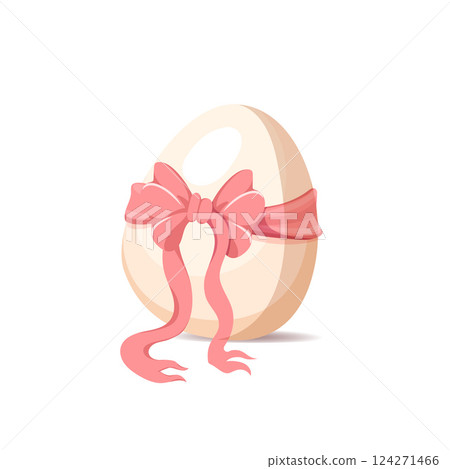 Simple easter egg with pink ribbon bow. Celebration food. For greeting cards, packaging, festive menu. Cute vector cartoon illustration. Simple easter egg with pink ribbon bow. Celebration food. For greeting cards, packaging, festive menu. Cute vector cartoon illustration. 124271466