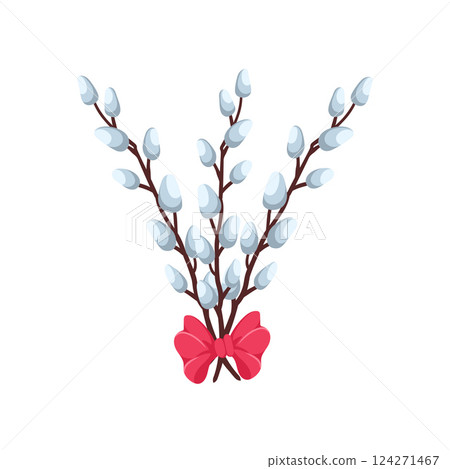 Spring bouquet with willow branches and red ribbon bow. Seasonal Easter composition is suitable for website, flower shop, postcard. Gift to your girlfriend, mother, grandmother. Vector illustration. Spring bouquet with willow branches and red ribbon bow. Seasonal Easter composition is suitable for website, flower shop, postcard. Gift to your girlfriend, mother, grandmother. Vector illustration. 124271467