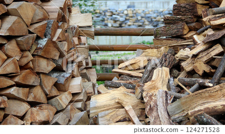 Stacked Wood For Drying In Cottage Yard Stacked Wood For Drying In Cottage Yard 124271528