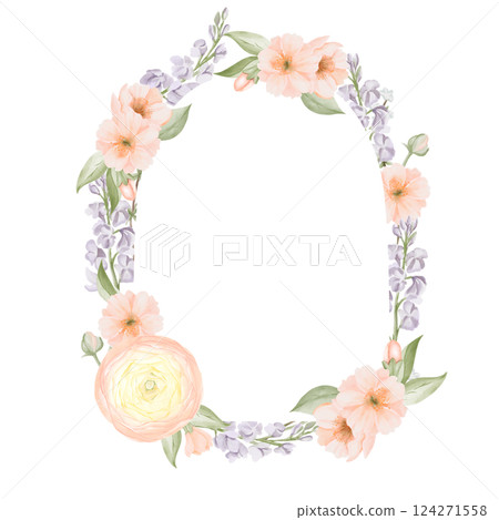Spring Floral Frame, arch shaped, Border from Ranunculus and Peach or Cherry, Sakura flowers, Freesia branches. Watercolor hand painted botanical illustration isolated on a white background. Botanical 124271558