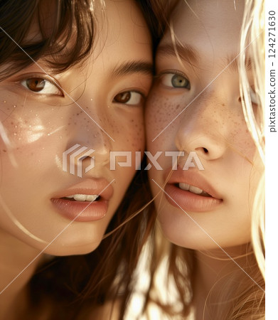 Two young women with freckles sharing a close-up moment in natural light during a warm summer day 124271630