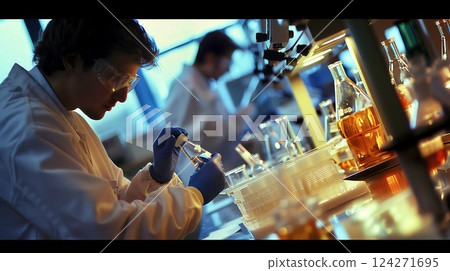 Laboratory researchers conducting experiments on chemical solutions during a late evening session in a modern biotech facility 124271695