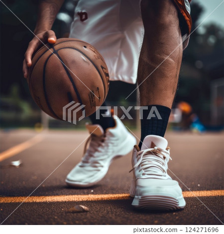 An athlete dribbles a basketball on a sunlit outdoor court surrounded by greenery during a casual practice session 124271696
