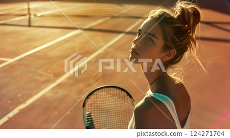 A young athlete stands on a tennis court at sunset, holding a racket while focused on her upcoming match 124271704