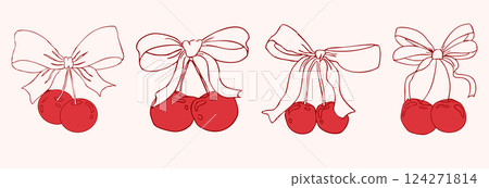 Cherry with bow coquette girly fruit, tie ribbon sketchy doodle drawing, y2k retro aesthetic. Whimsical cute cherry.  124271814