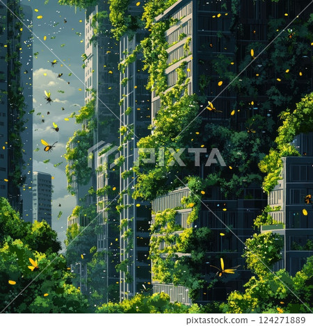 Futuristic illustration of urban buildings with plants growing on walls and rooftops, buzzing insects enhancing the lush, eco-friendly scene. Showcases innovative, sustainable city design. 124271889