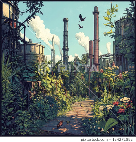 Revitalized industrial area illustration filled with greenery, birds, and small wildlife. Bright tones create a peaceful atmosphere, showcasing urban ecological restoration. 124271892