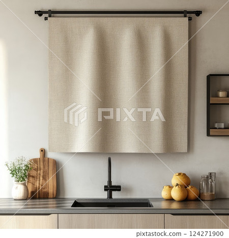 Plain fabric splashback mockup hanging on a kitchen crossbar with bright natural light, creating a warm and welcoming kitchen aesthetic 124271900