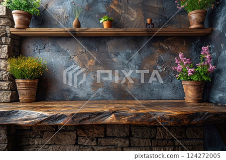 A composition featuring a weathered wooden shelf adorned with potted plants, set against a textured, dark plaster wall. The scene is grounded by a rough-hewn wooden countertop and a base of stacked st 124272005