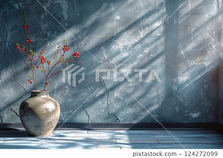 A vase with red flowers stands near a blue textured wall. Sunlight casts shadows on the floor. The room has a simple, artistic look. Generative AI 124272099